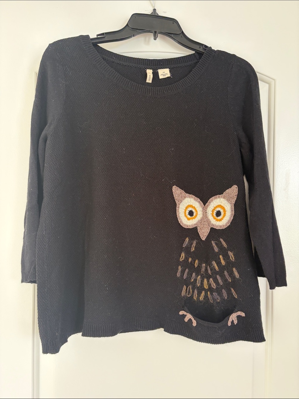 Moth Black Crewneck Sweater with Embroidered Owl Accent